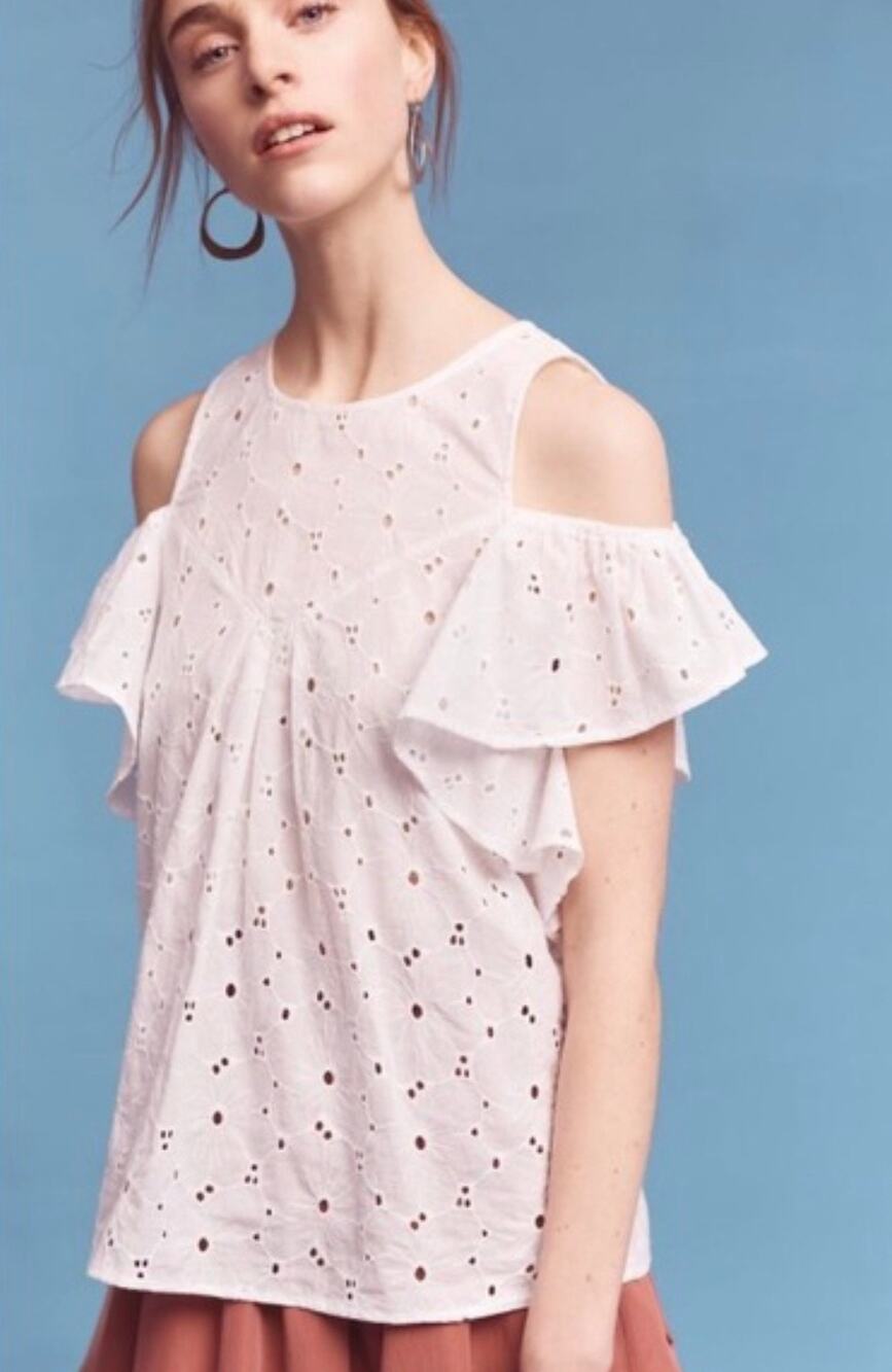 Anthro Maeve Eyelet Ruffle Cold Shoulder Top XS White Coquette Cottagecore